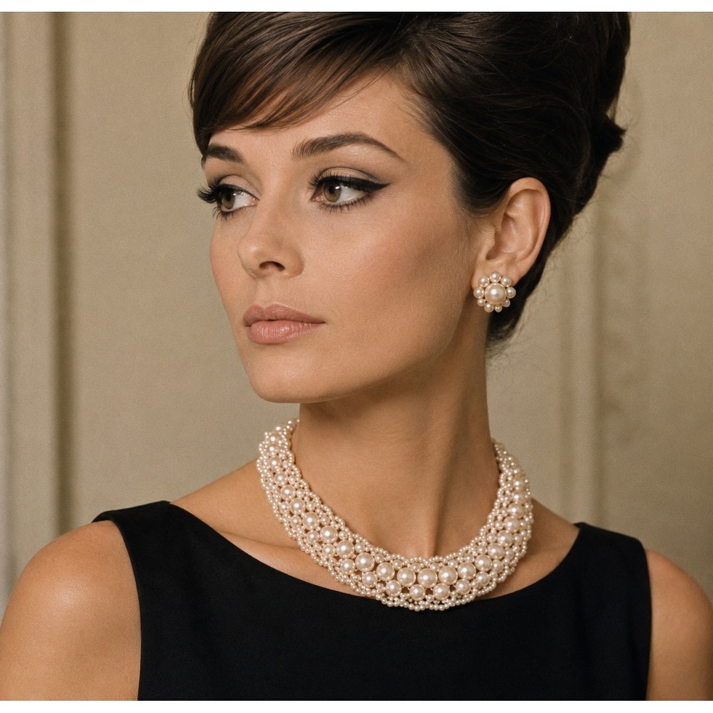 Vintage Style Faux Pearl Bib Necklace Cream White Woven Collar Statement Jewelry